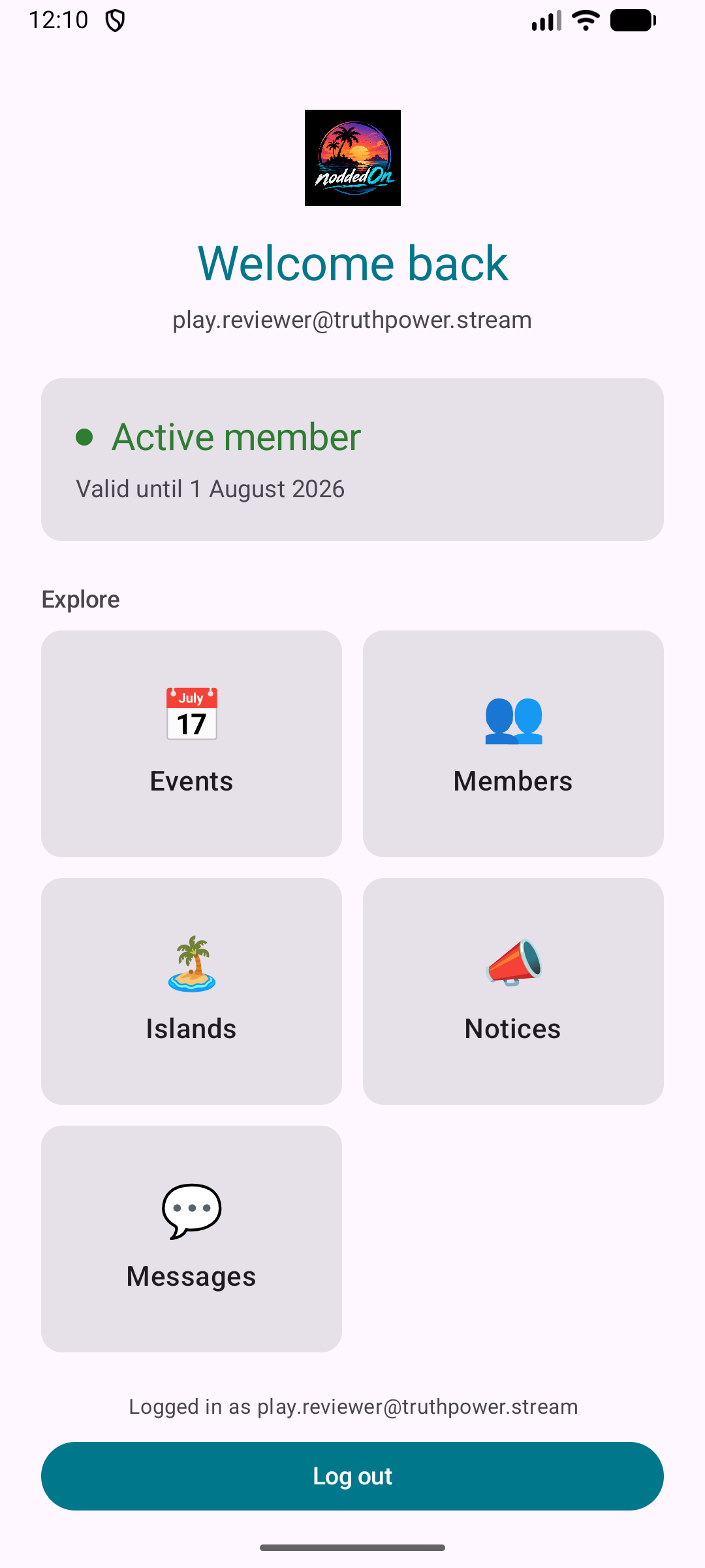 Your member home — Active member, with Events, Members, Islands, Notices and Messages